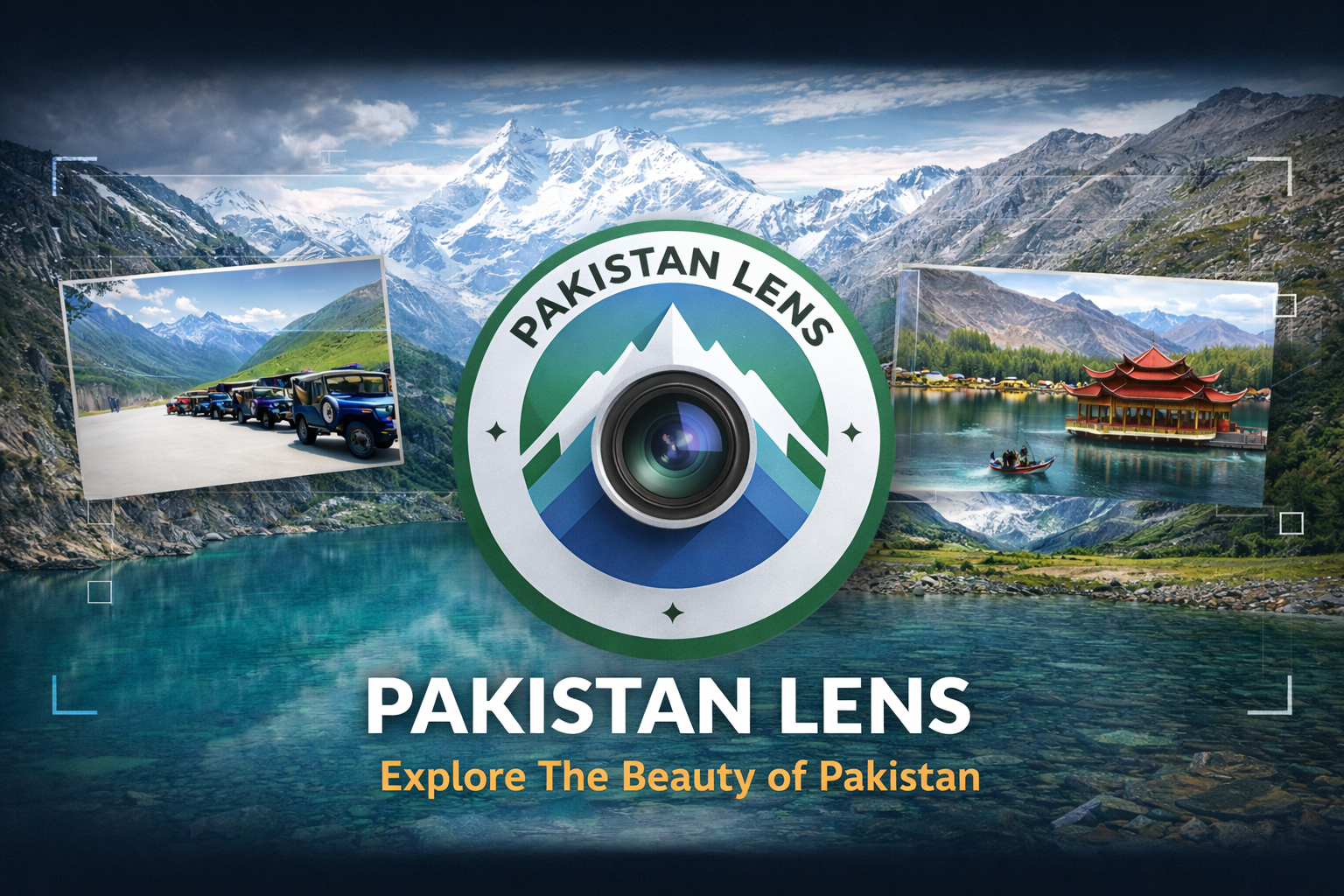 Pakistan Lens tourism banner featuring snow-capped mountains, alpine lake, jeep safari, and scenic valley landscapes representing northern Pakistan travel destinations