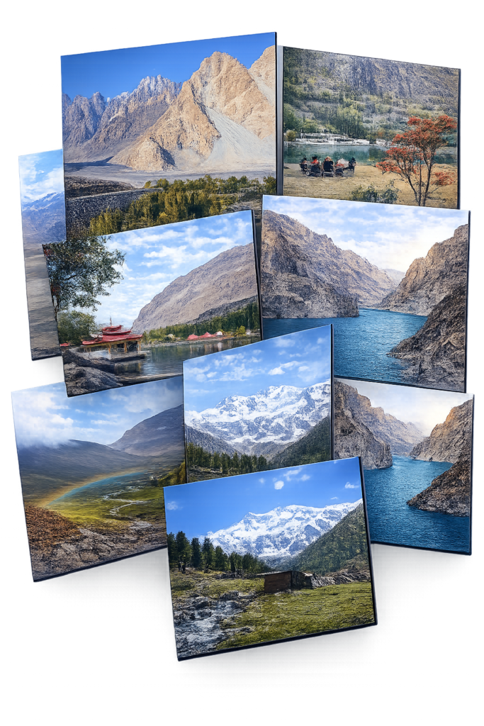 Collage of scenic landscapes from Pakistan’s northern valleys including Hunza Valley, Skardu Valley, snow-capped mountains, alpine lakes, and lush green meadows
