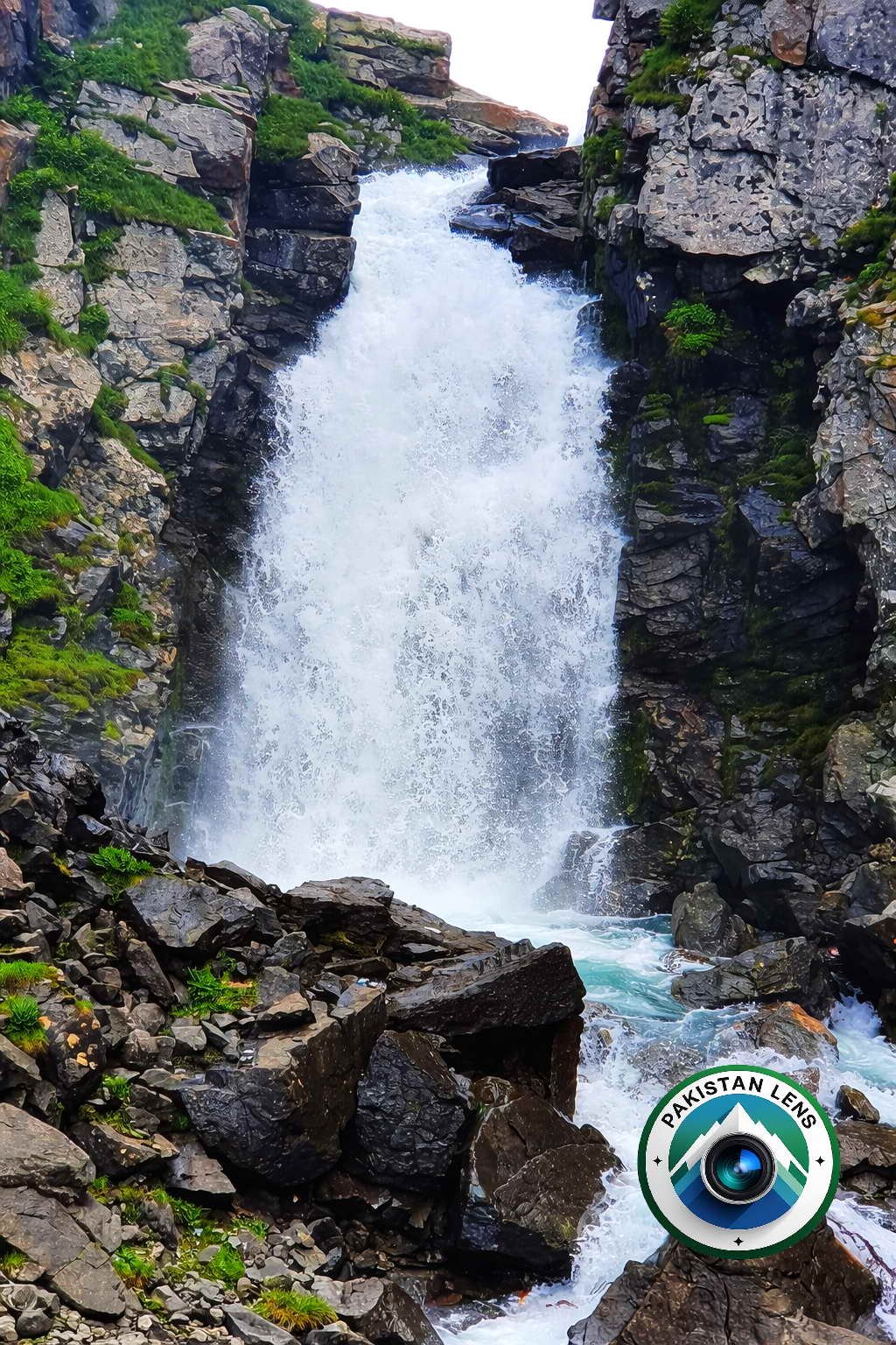 Waterfall cascading near Katora Lake in Jahaz Banda, Kumrat Valley.