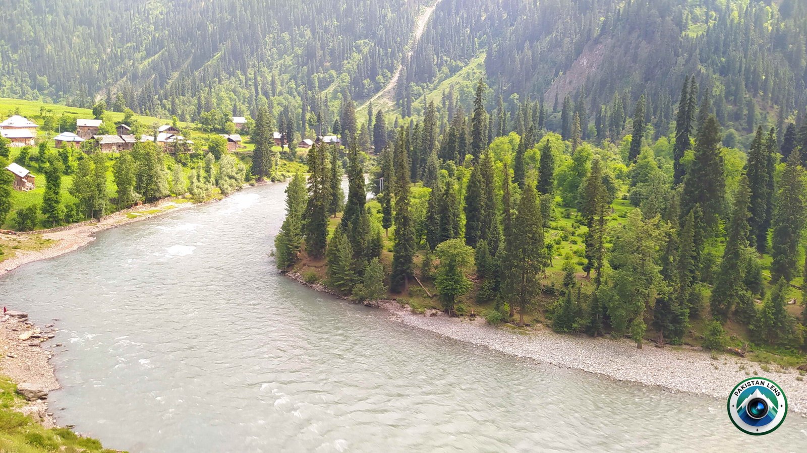 Dense forests and river scenery along the road from Kel to Taobat